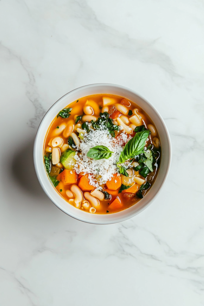 This image shows a vibrant bowl of crockpot minestrone soup, garnished with fresh basil, featuring a medley of vegetables, pasta, and beans in a savory tomato-based broth served in a white bowl.