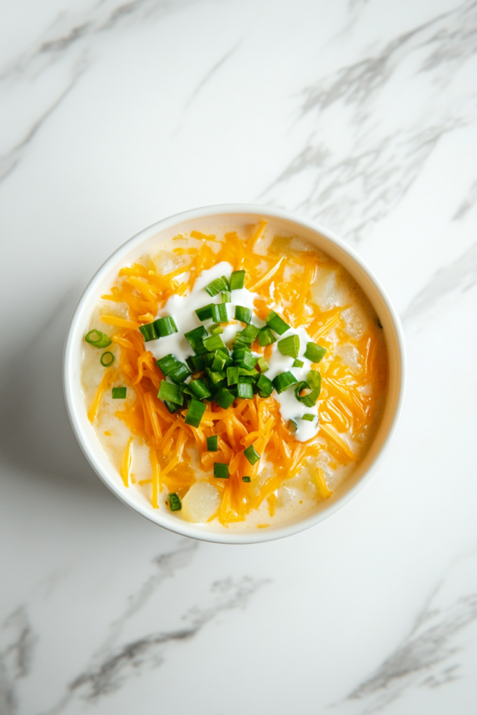 This image shows crockpot potato soup, a creamy and comforting dish made with tender potatoes, rich broth, and a smooth texture, garnished with shredded cheese and chopped green onions, served in a white bowl.