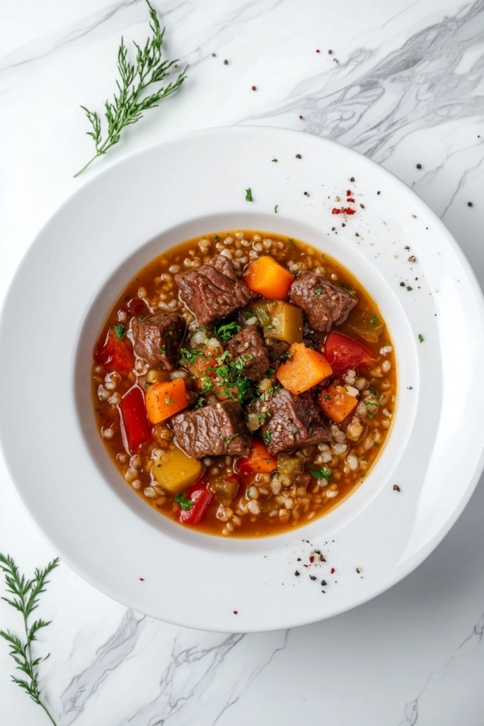 This image shows slow cooker barley soup, a hearty and nutritious dish made with tender barley, vegetables, and flavorful broth, served in a white bowl with a sprinkle of fresh herbs.
