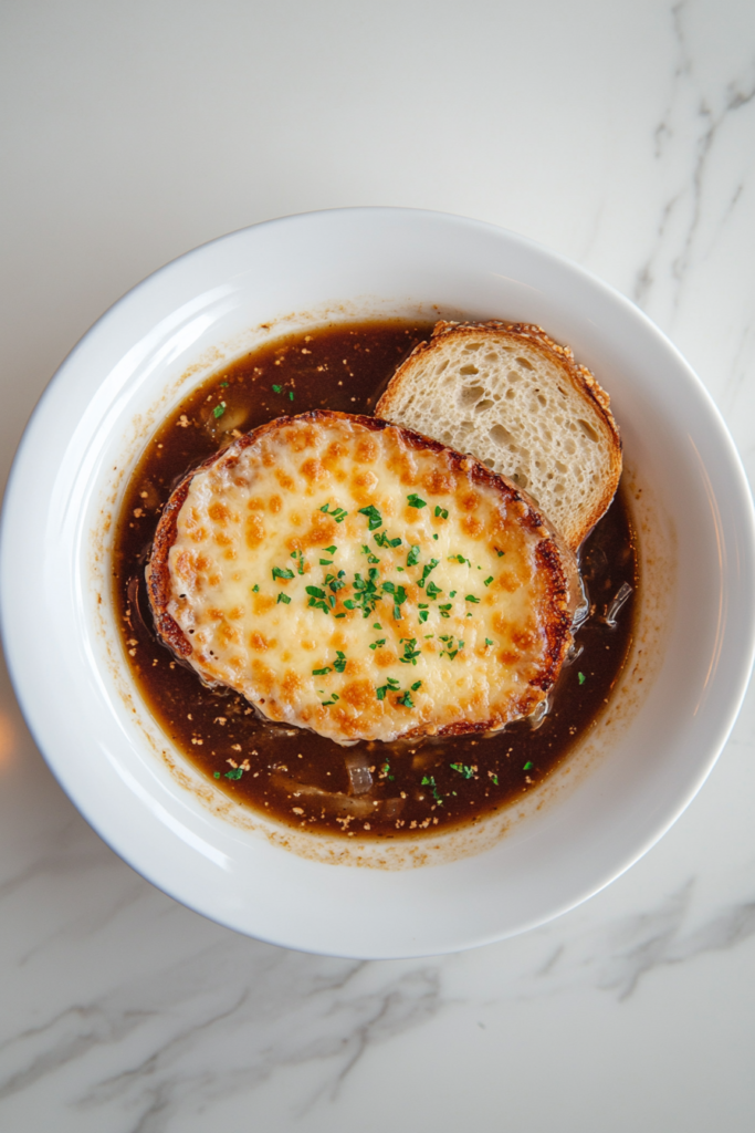 This image shows slow cooker French onion soup, a savory dish made with caramelized onions, rich broth, and topped with melted cheese and crispy bread, served in a white bowl.
