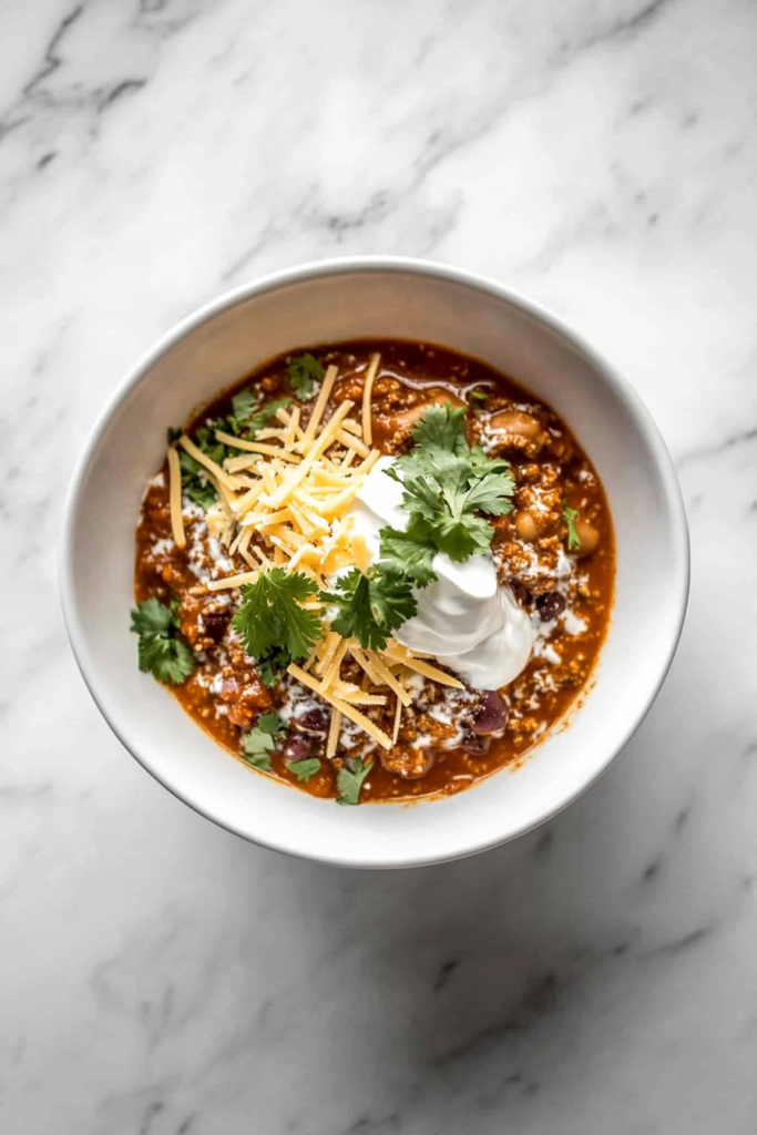 A hearty bowl of Crockpot Mexican Chili topped with shredded cheese, a dollop of cream, and fresh cilantro leaves, creating a comforting and flavorful meal.