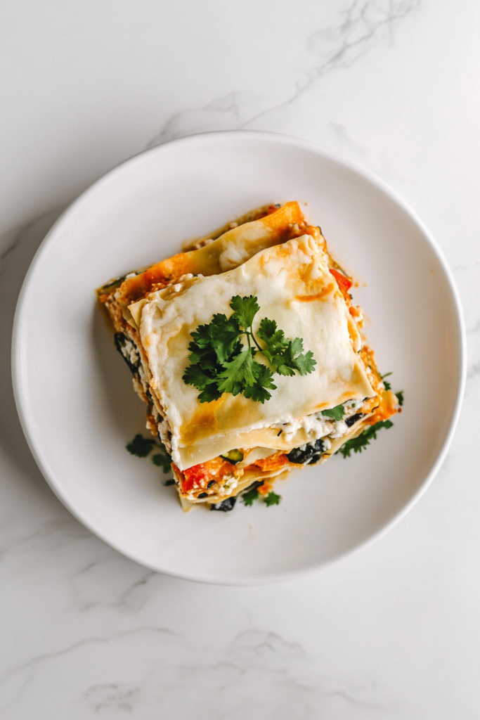 A layered Crockpot Mexican Lasagna served on a white round plate, topped with a melted cheese slice and a fresh cilantro leaf for a vibrant finish.