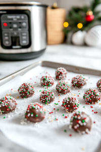 sprinkling-decorations-on-crockpot-candy for presentation and ready to be served
