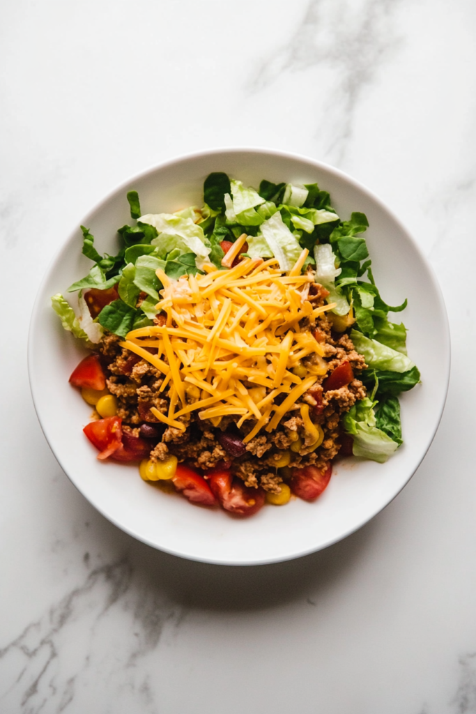 A hearty taco casserole served on a white round plate, topped with melted shredded cheese, creating a rich and flavorful Mexican-inspired dish.