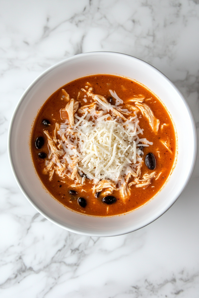 This image shows slow cooker chicken enchilada soup, a flavorful and hearty dish made with shredded chicken, beans, corn, and a rich enchilada sauce, garnished with fresh cilantro and served in a white bowl.