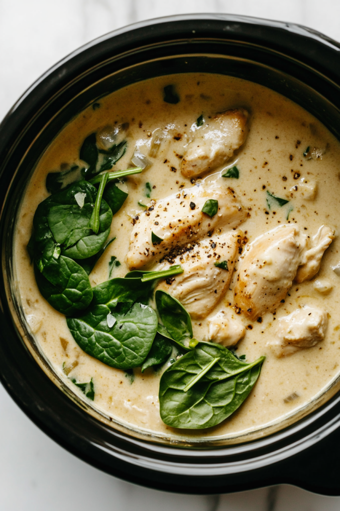 adding-freshly-chopped-spinach-to-the-crockpot-for-crockpot-tuscan-chicken-8630514-683x1024