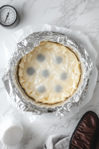 This image shows a pie crust baking in the oven until golden brown, forming a firm and flavorful base for the vegan lemon meringue pie.