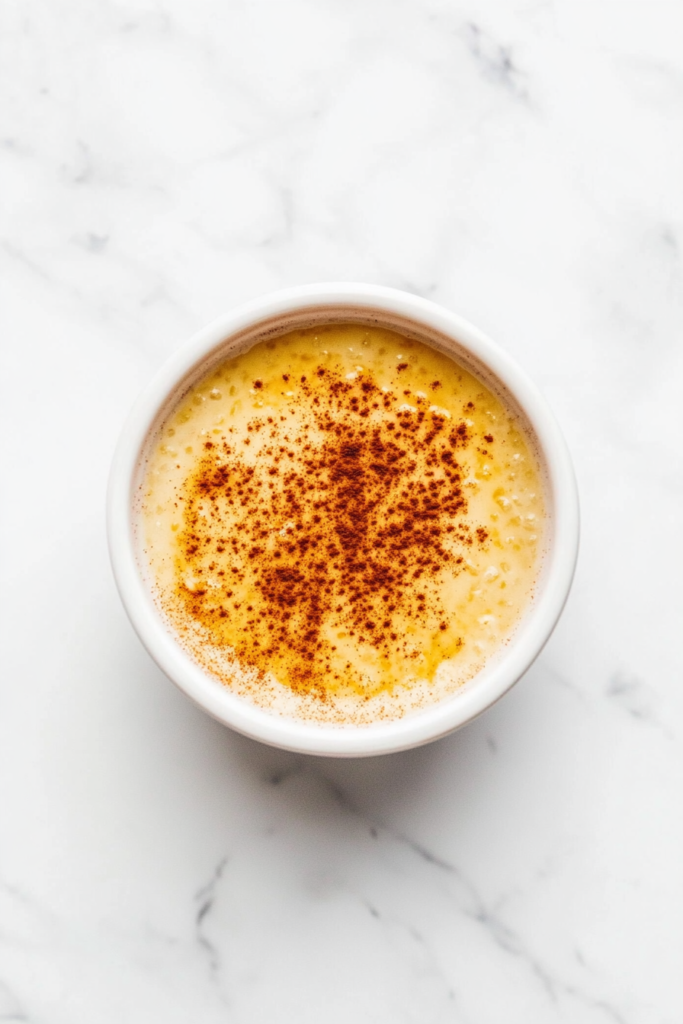 This image displays a luscious bowl of creamy rice pudding, sprinkled generously with cinnamon powder for a comforting and aromatic dessert.