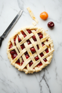 This image shows strips of dough being carefully woven into a lattice pattern on top of the pie, sealing the edges for a decorative finish.
