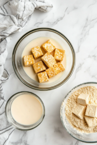 This image shows Marinated tofu pieces being dipped in vegan buttermilk and coated with a seasoned flour mixture, creating a crispy breaded layer.al.