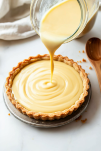 This image shows the creamy custard mixture being poured into the prepared tart shell for baking.