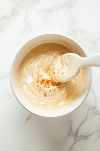 This image shows a serving of curried cauliflower sweet potato soup in a bowl, beautifully garnished with a swirl of coconut milk and a light dusting of powdered cinnamon for a sophisticated touch.