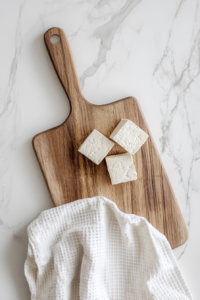 This image shows block of tofu wrapped in a clean towel and pressed under a heavy weight, illustrating the process of freezing and pressing for better texture.