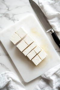 This image shows tofu being pressed to remove excess water and sliced into even strips to prepare vegan chicken tenders.