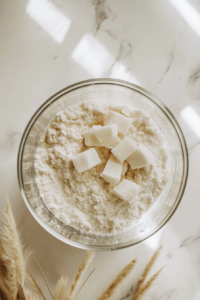 This image shows ingredients being processed in a food processor to form a smooth and even dough for the vegan lemon meringue pie crust.