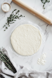 This image shows the pie dough being shaped into a flat, circular disk on a floured surface, ready for chilling or rolling out.