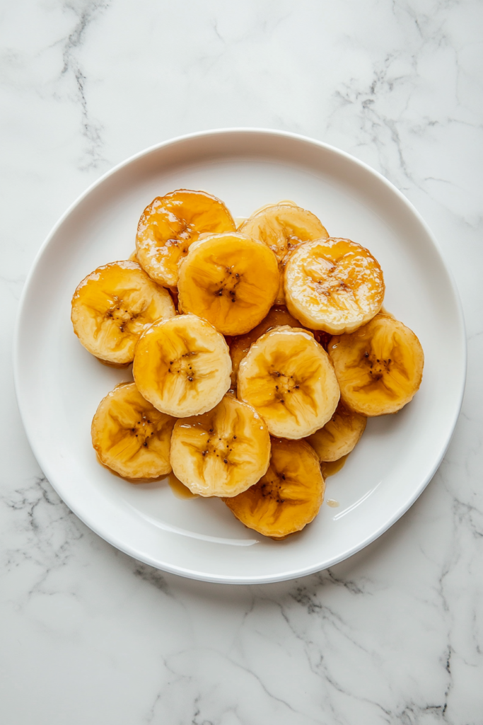 This image shows a decadent slow-cooked banana upside-down cake, featuring perfectly caramelized banana slices on top.