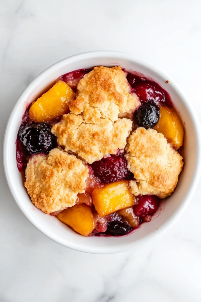 This image showcases a vibrant slow-cooked fruit cobbler, filled with juicy blackberries and raspberries, and topped with golden bread pieces.