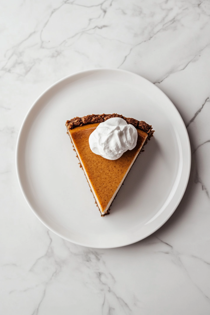 This image highlights a slice of slow-cooked pumpkin cheesecake with a gingersnap crust, topped with a dollop of whipped cream.