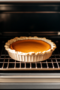 This image shows the sweet potato pie baking in an oven, with the filling setting and the crust turning a perfect golden brown.