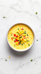 This image shows a bowl of creamy soup served hot and garnished with vibrant chopped chives, ready to be enjoyed as a comforting meal.