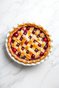 This image shows the freshly baked vegan cherry pie cooling on a wire rack, ready to be sliced and served as a delightful dessert.