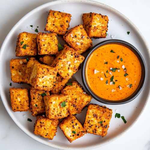 This image features crispy vegan chicken tenders marinated in flavorful spices, arranged in a square shape, with a side of creamy buffalo mayo for dipping.