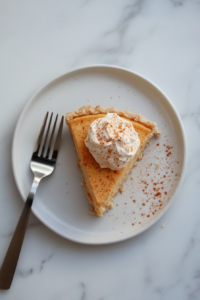 This image shows a perfectly sliced piece of vegan pumpkin pie topped with a generous dollop of vegan coconut whipped cream, highlighting the creamy filling and flaky crust.