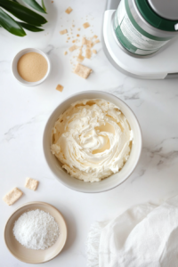 This image shows chilled coconut cream being whipped to stiff peaks in a mixing bowl, creating a light and airy texture for the vegan lemon pie filling.