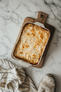 This image shows a spoon lifting a cheesy portion of chicken and rice casserole from the dish, revealing the creamy layers inside.