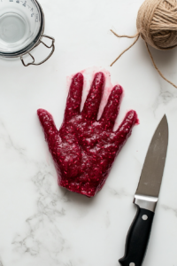 eerie-frozen-raspberry-gelatin-hand-being-placed-into-a-large-punch-bowl-filled-with-red-witches-brew