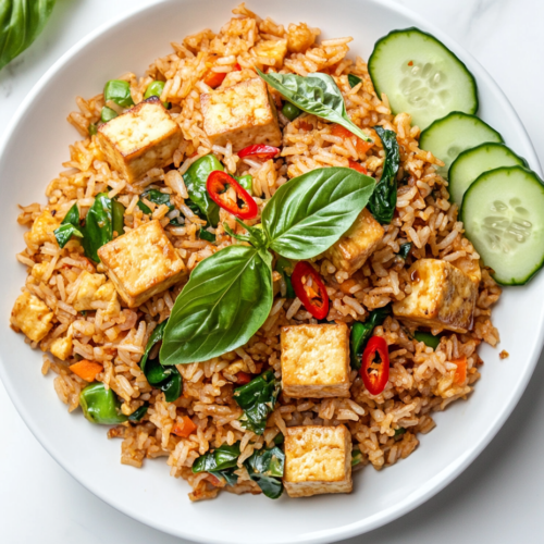 A bowl of vegetarian Thai basil fried rice topped with fresh chopped basil, cilantro, and creamy avocado pieces, served in a white dish.