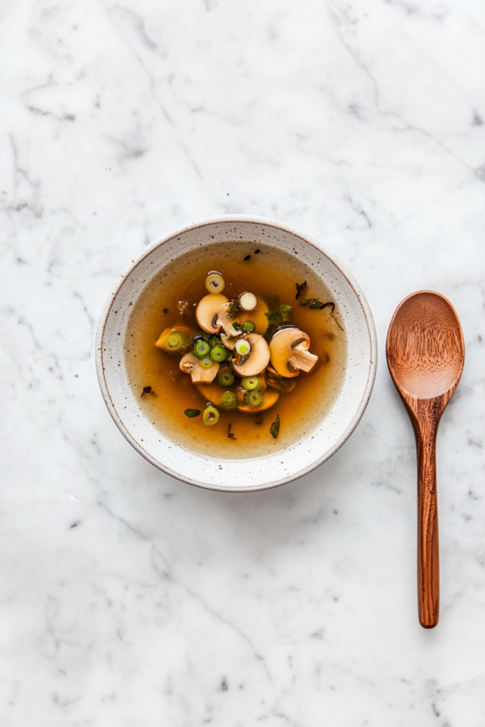 This image shows a beautifully presented bowl of clear soup, garnished with delicate mushroom slices and bright green scallions, ready to be savored.
