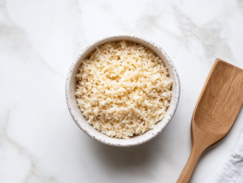 instant-pot-calrose-rice-served-in-a-white-bowl-with-a-wooden-spoon-on-the-side