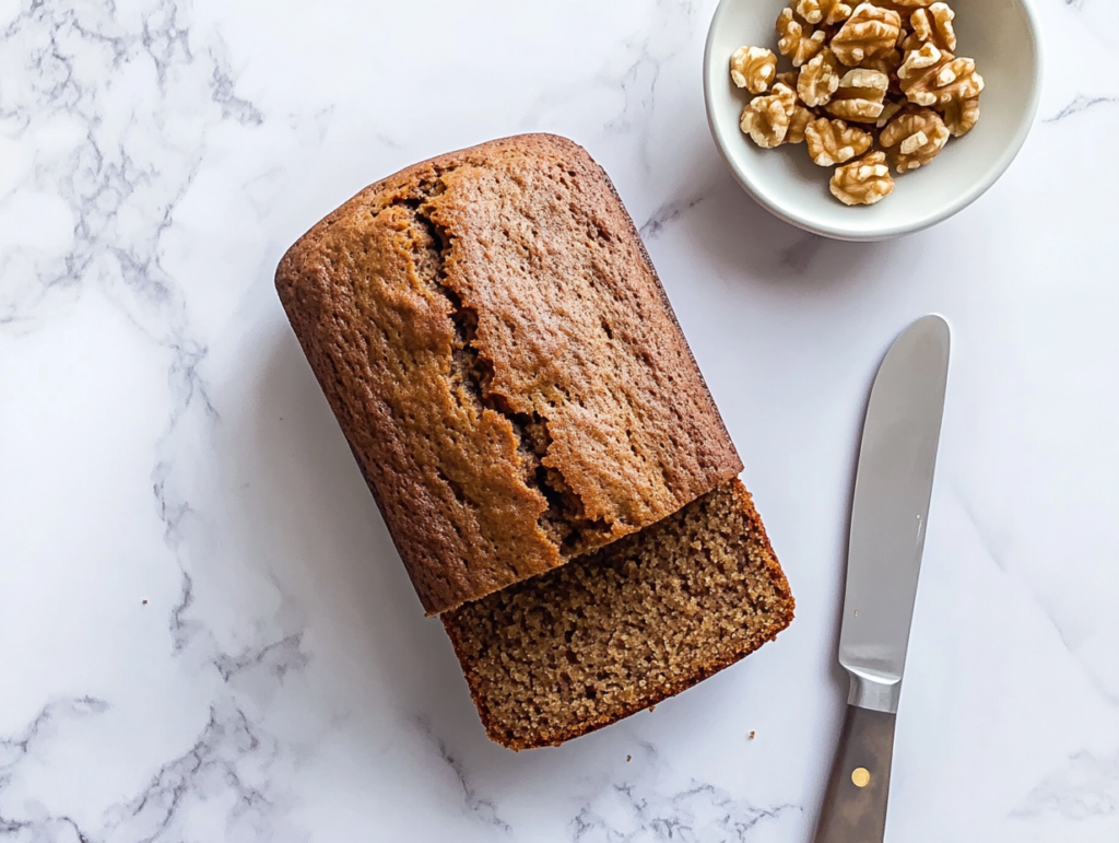 This image shows a freshly baked brown banana bread loaf with a moist interior, placed on a white marble slab. One slice is cut with a knife resting on the side, and a small white bowl filled with walnuts sits nearby.
