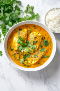 This image shows a beautifully plated Goan Fish Curry, garnished with fresh cilantro and served with steaming rice, ready to be enjoyed for a comforting and flavorful meal.