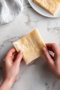 This image shows puff pastry squares being carefully folded to partially enclose the creamy filling, giving them their signature Danish shape.