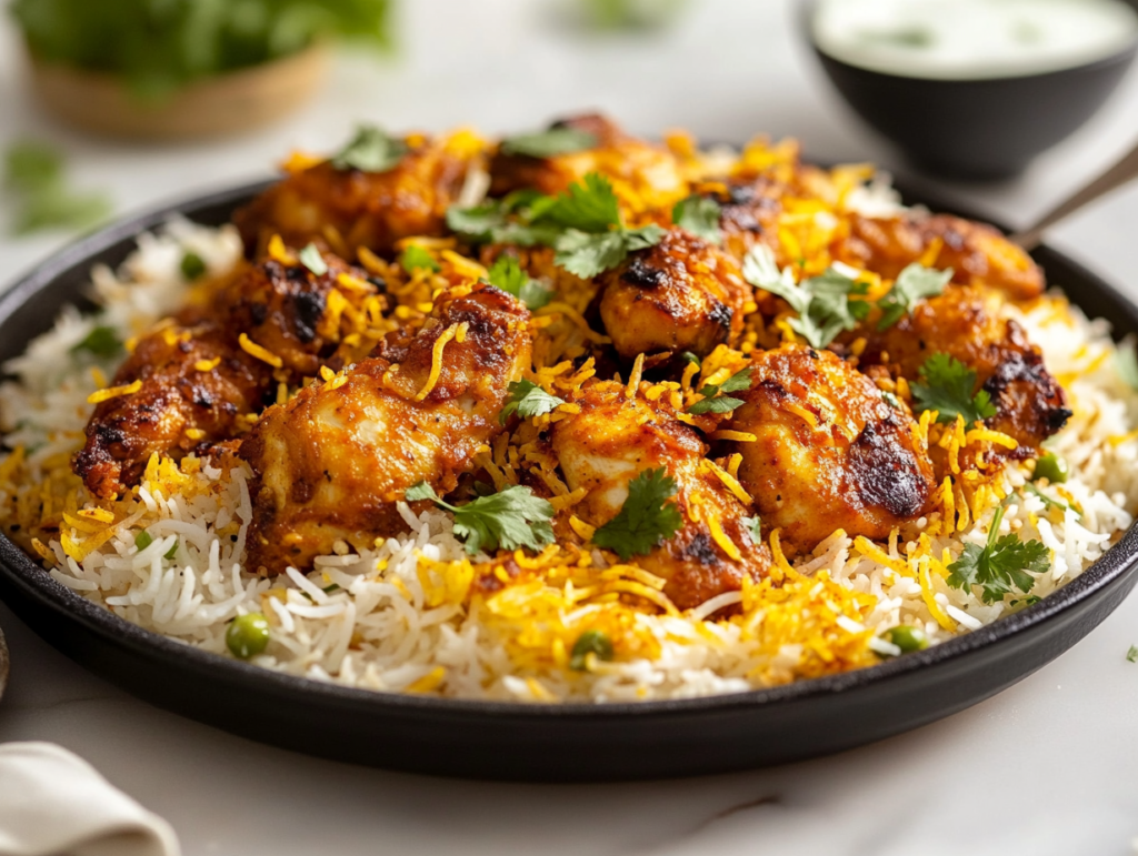 This image shows a plate of Chicken 65 Biryani, with fluffy basmati rice and vibrant, deep red marinated chicken pieces, garnished with fresh cilantro. The dish is steaming hot, served on a white plate, with bold colors and rich aromas.