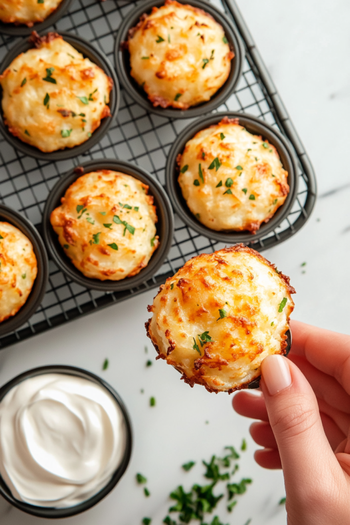 cooling-and-serving-mashed-potato-puffs-on-a-white-plate-with-green-onion-garnish