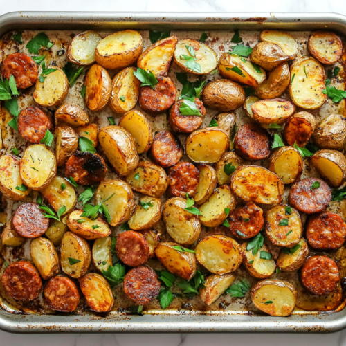 This image shows a rectangular dish filled with roasted potatoes and kielbasa, baked to a golden brown and topped with freshly chopped cilantro.