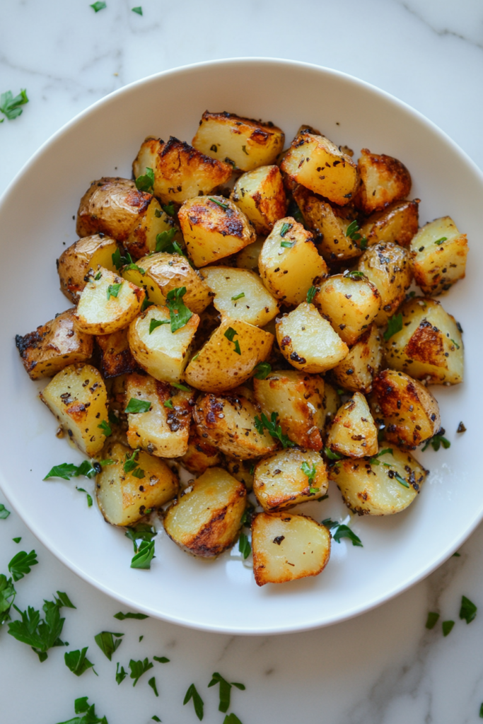 This image shows a final plate of golden, crispy breakfast potatoes garnished with fresh cilantro, ready to be served. The perfect balance of crispy edges and tender centers makes this a breakfast favorite.