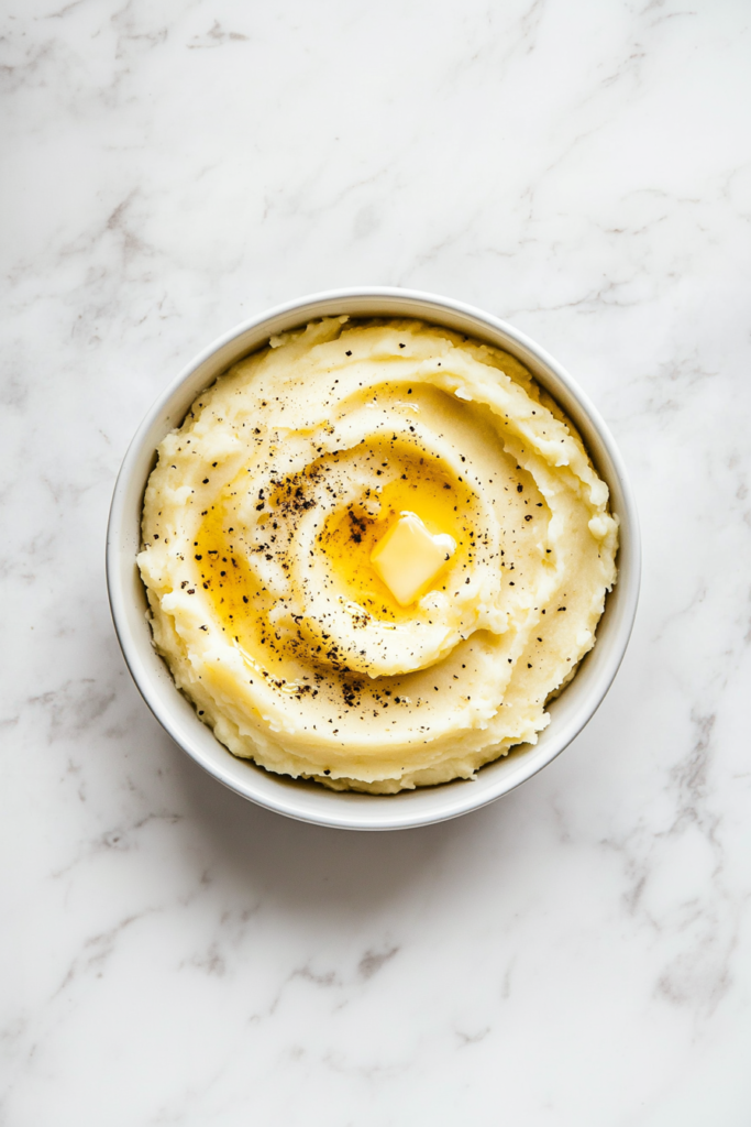 This image shows a bowl of mashed potatoes being kept warm, allowing the flavors to meld before serving.