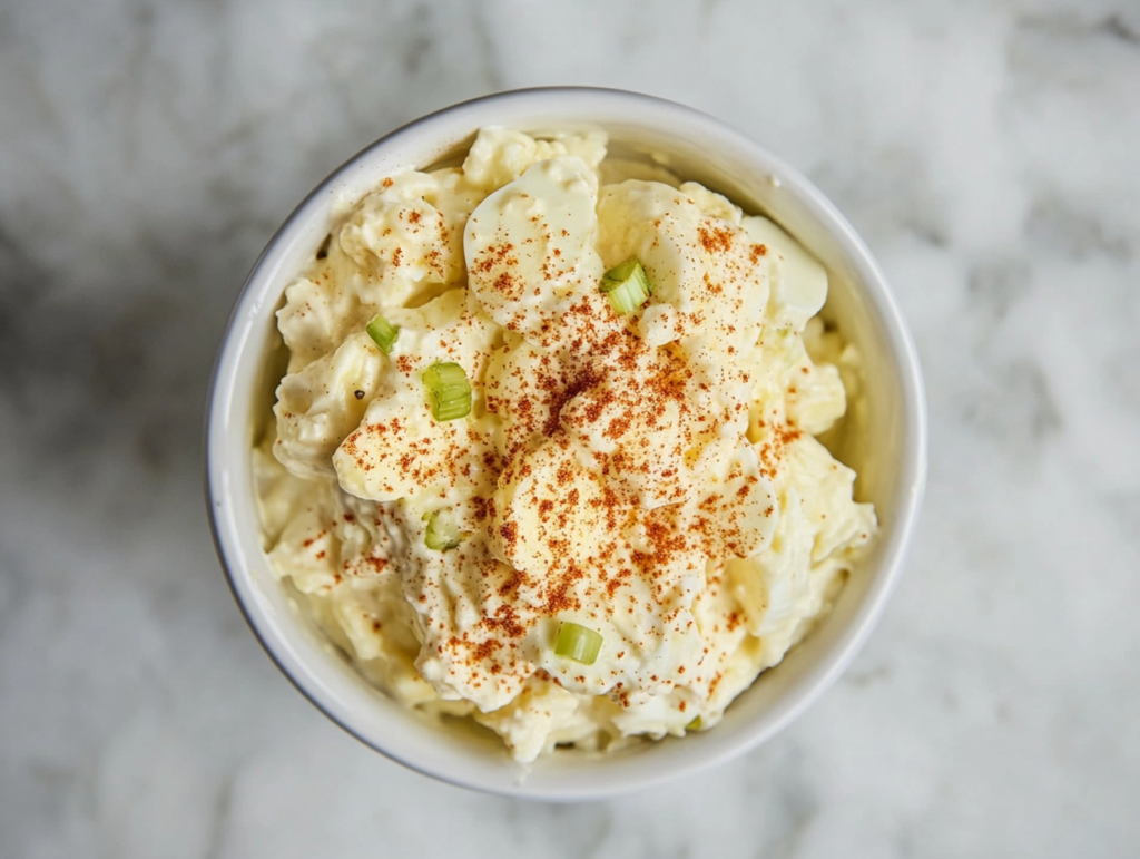 This image shows a creamy egg salad made with chopped hard-boiled eggs mixed in mayonnaise and mustard, topped with vibrant paprika and arranged neatly on a plate.