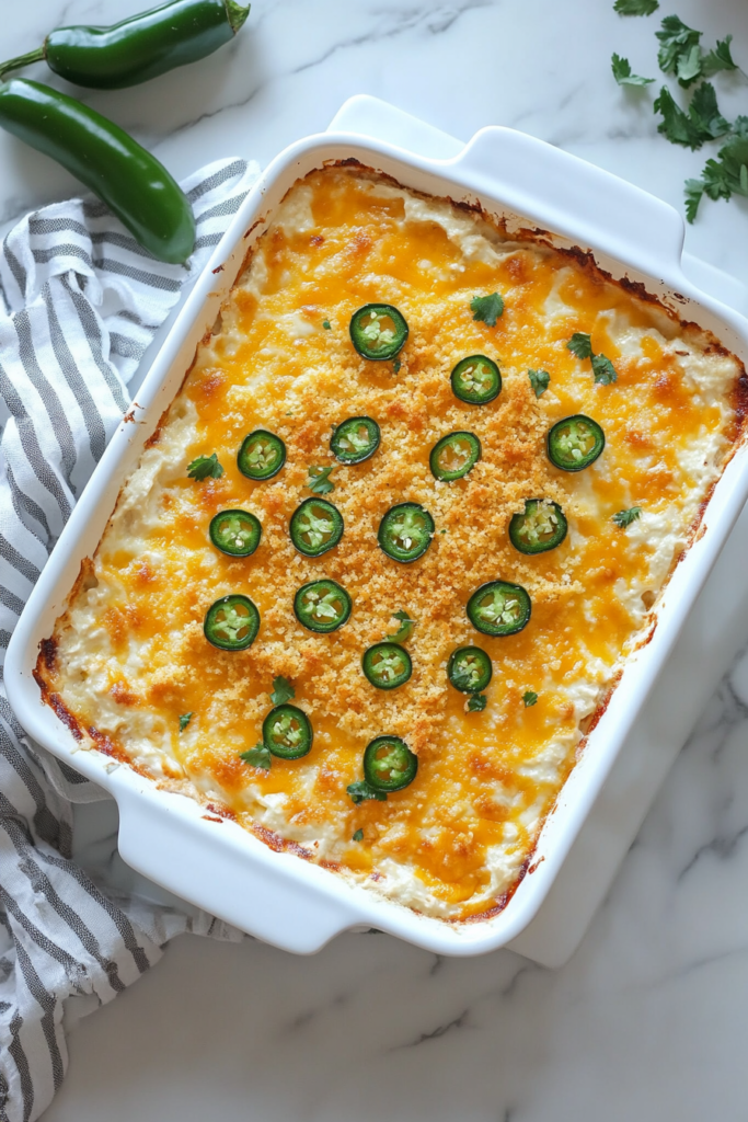 This image shows the finished cheesy jalapeño popper dip after baking, with a golden breadcrumb topping, in a white ceramic baking dish over a white marble countertop.