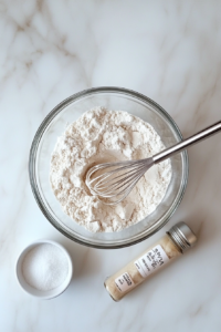 This image shows a large bowl filled with flour, baking soda, and cinnamon being gently whisked together to form the dry base for the cake batter.