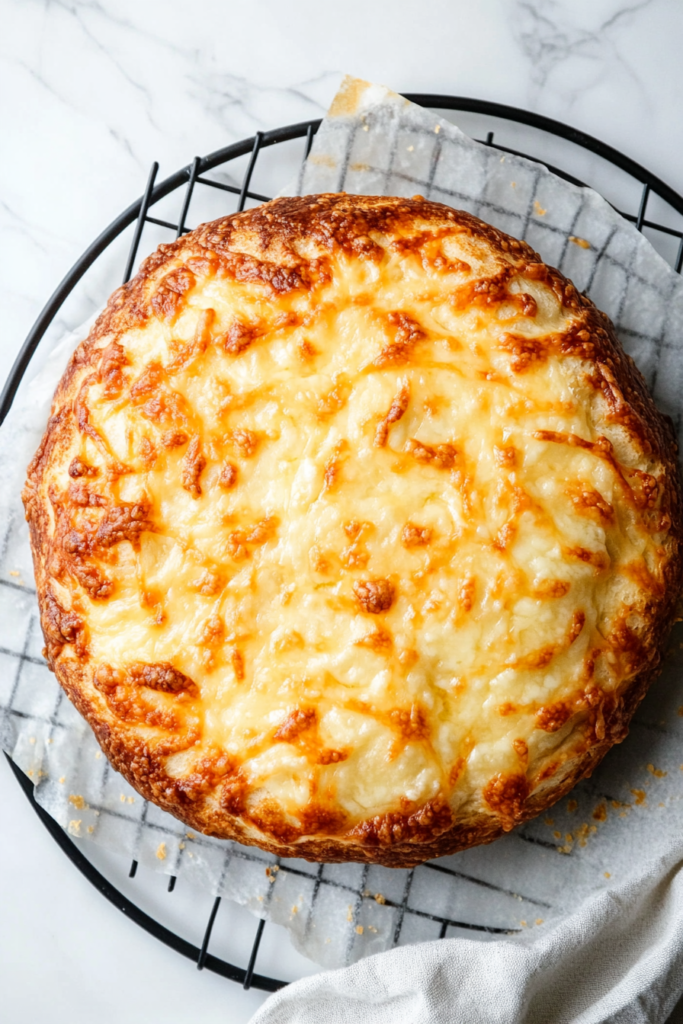 golden-brown-cheese-bread-cooling-on-black-wire-rack-over-white-marble-countertop