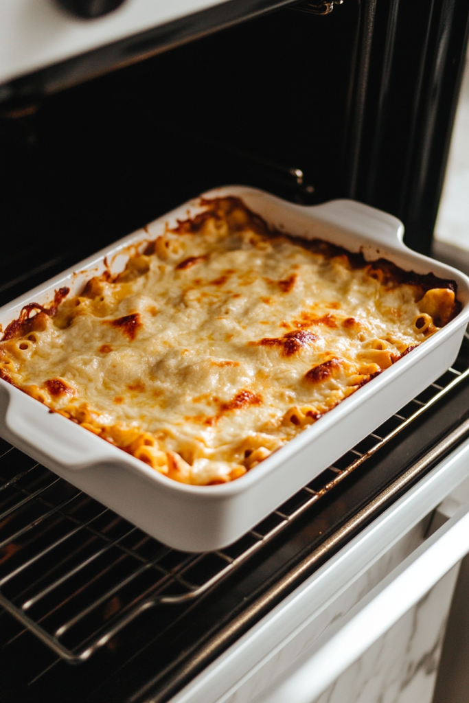 This image shows the zucchini boats bubbling hot in the oven, with golden, crisp cheese melted perfectly over the top.