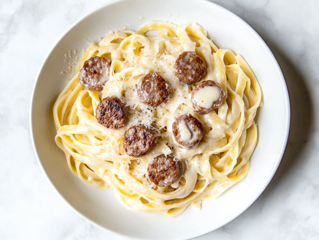 creamy-sausage-alfredo-pasta-in-black-skillet-on-white-marble