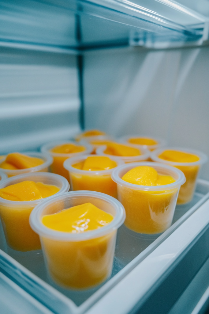 mango-pudding-dessert-cups-chilling-in-refrigerator-on-white-marble-shelf