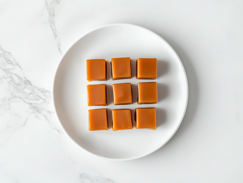 This image shows a top-down view of a parchment-lined 9x13-inch baking dish on a clean white marble countertop, ready for the caramel mixture.